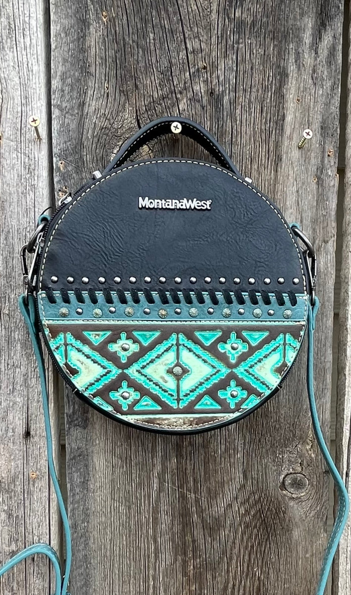 Mulch Circle Bag 〜Blue Aztec Tooled Crossbody Circle Bag – The Saucy Cowgirl CO