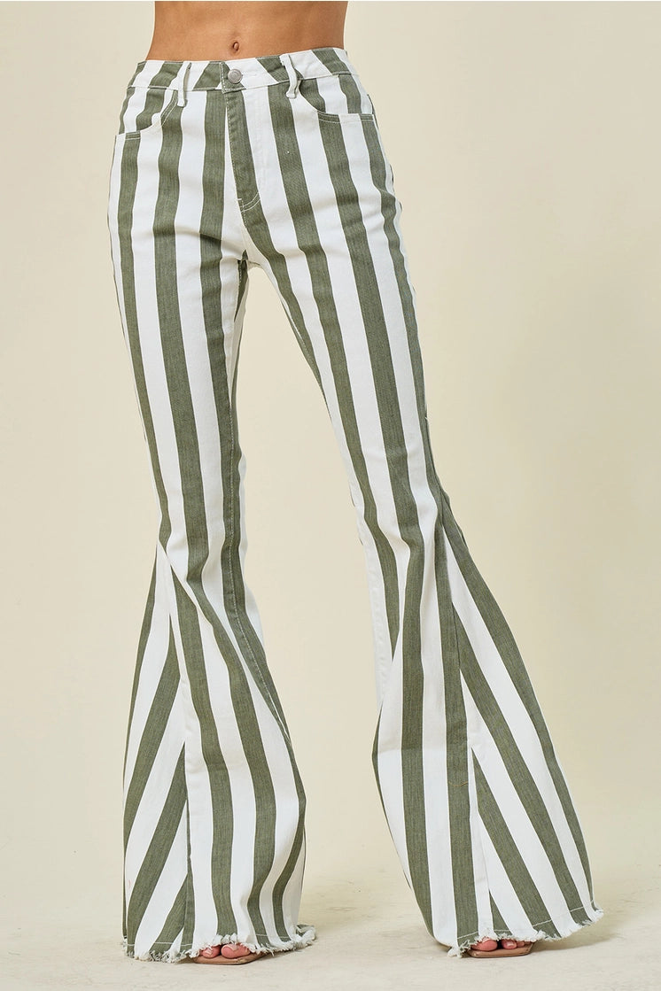 Gray & Olive Green Striped Flare Bellbottom Jeans