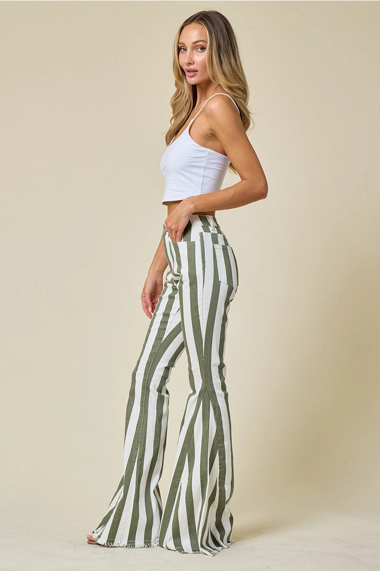 Gray & Olive Green Striped Flare Bellbottom Jeans